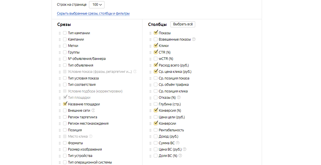 Указываем срезы отчёта по площадкам в РСЯ